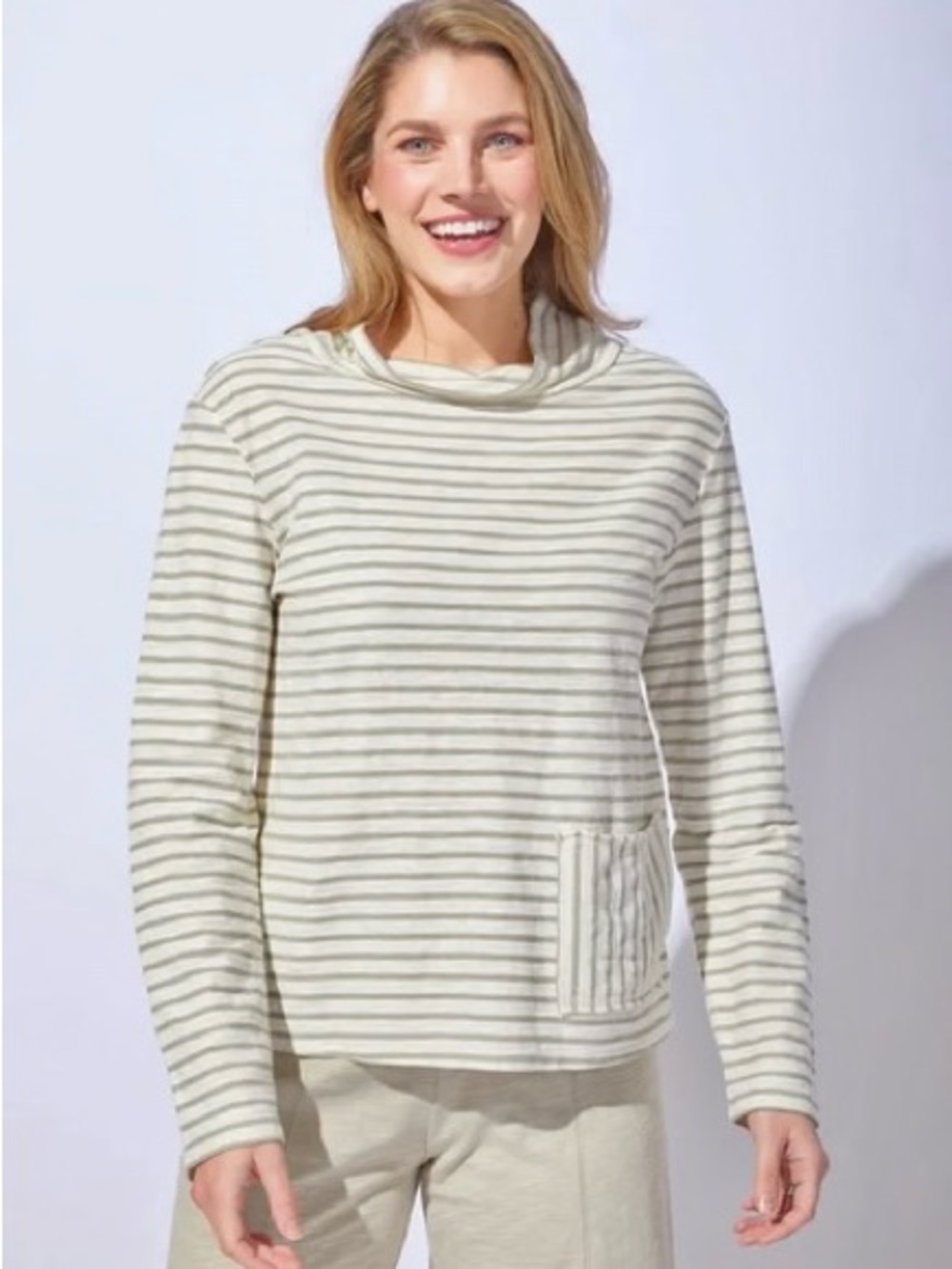 Escape by Habitat Clothes High Neck Cream Sage Striped Sweater XL Cotton Linen
